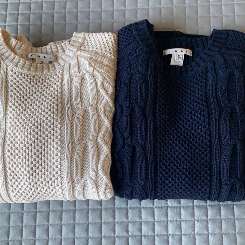 Cabi TWOfer!  Cabled sweaters.